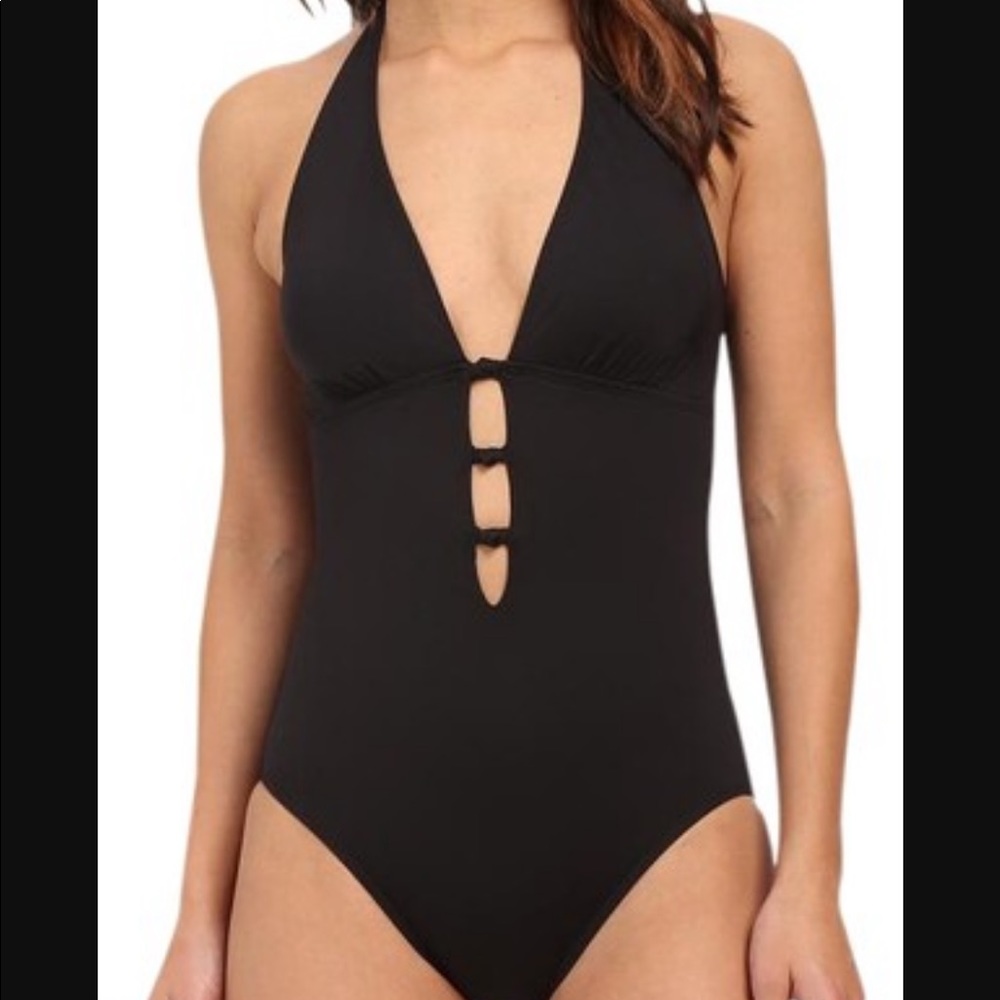 Lauren Ralph Lauren Black Knot-Front Cutout Halter Top One Piece Bathing Suit